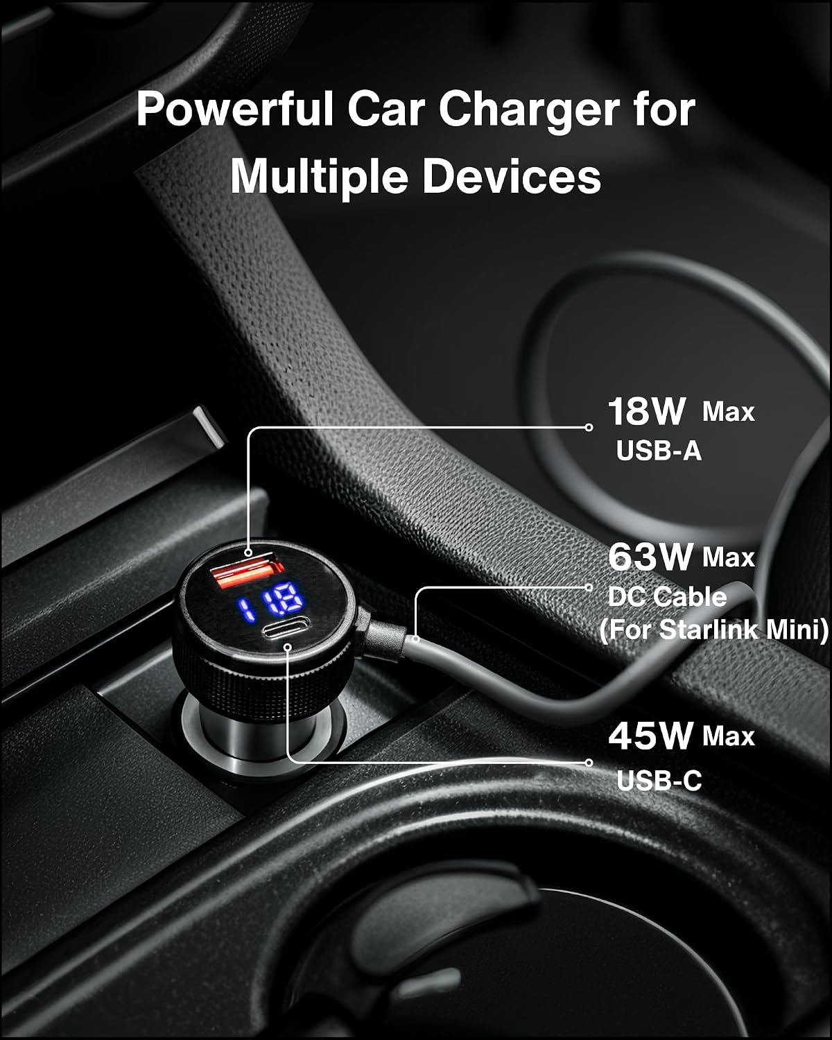 Car Charger Cable for Starlink Mini 16.5FT/5M with Display - 60W DC + 33W Dua...