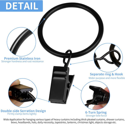 Curtain Rings with Clips, 42 Pack Metal Drapery Rings with Clips Hooks Hangers for Hanging Drapes Bows Hats, Drapes Rings 1.26 in Interior Diameter, Fits Up to 1 in Curtain Rod, Black