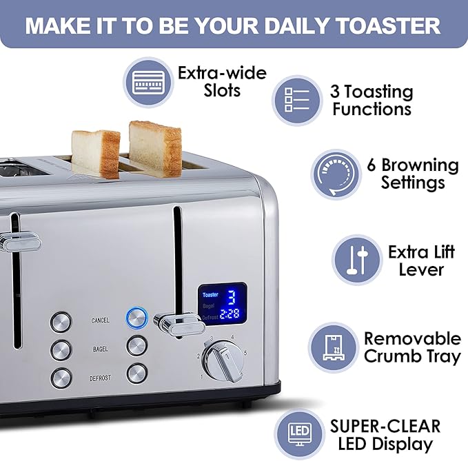 CUSIMAX 4 Slice Toaster, Ultra-Clear LED Display & Extra Wide Slots, Dual - Image 2