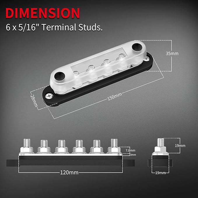 DAIERTEK 12V Bus Bar 6 x 5/16" Terminal Studs 12 Volt Power Distribution Block - Image 2