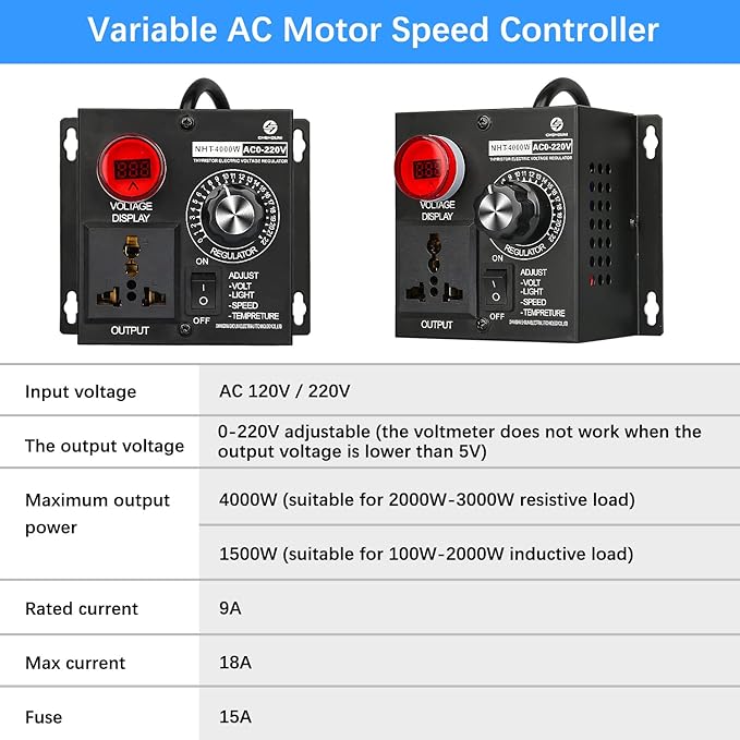 AC Variable Speed Controller, 120V~220V 15A 4000W SCR Voltage Controller - Image 3