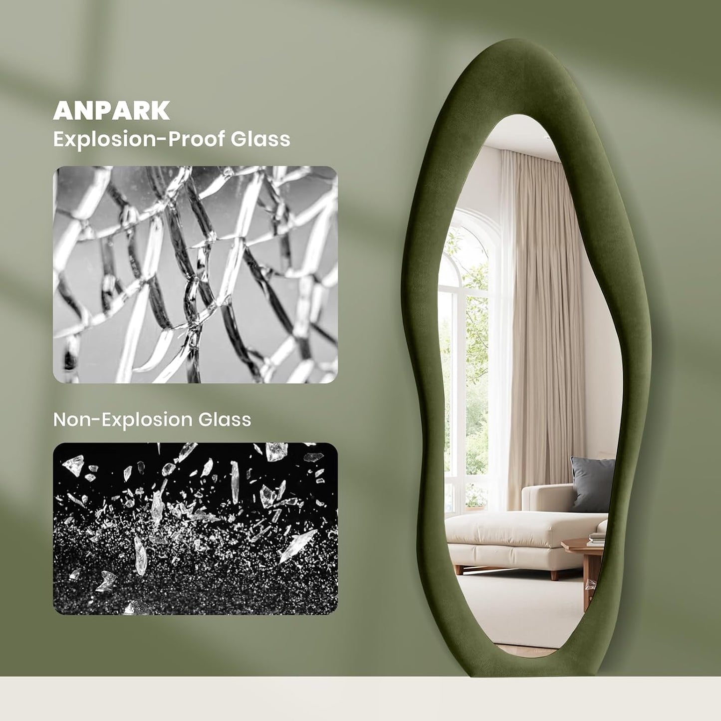 Anpark Full Length Mirror 63"x24" Irregular Full Body Wall Mounted Floor Mirror with Stand Green Flannel Wrapped Frame Leaning Hanging Wall Mirror for Bedroom Entrance Hallway