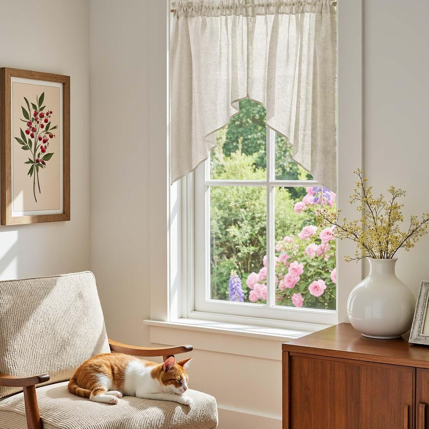 JINCHAN Swag Valance for Windows 36 Inch Length Farmhouse 2 Panels Beige | Linen kitchen valance, rod pocket, light filtering, country, small window treatment for bedroom living room