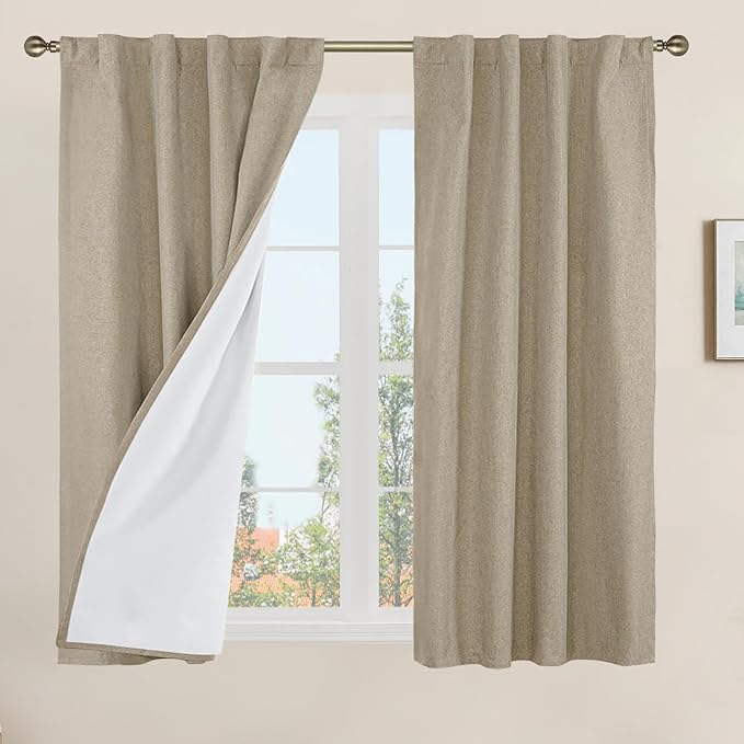 LAMIT Natural 100% Blackout Linen Curtains, 45 Inches Linen Textured Thermal by LAMIT