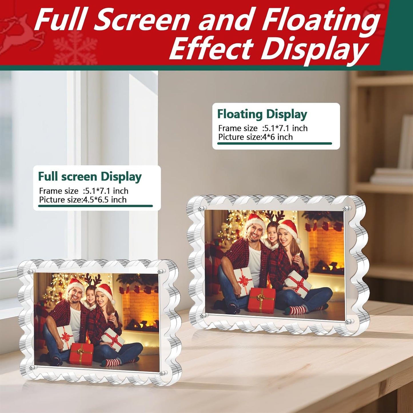 3 Pack Acrylic Picture Frame - 4x6 Magnetic Picture Frames | Double Sided Magnet Frames,10+10mm Thick Block, Clear Frameless Photo Scalloped Freestanding for Desktop Display