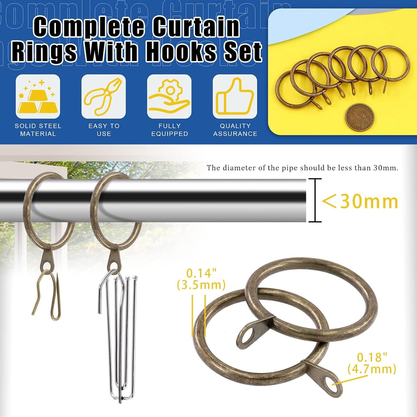 Glarks 120Pcs Antique Bronze Metal Drapery Curtain Hanging Rings with Stainless Steel 4 Prongs Curtain Pleat Hooks and Curtain Pin Hooks for Window Door Bathroom Curtain, 30mm Internal Diameter