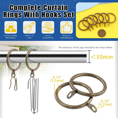 Glarks 120Pcs Antique Bronze Metal Drapery Curtain Hanging Rings with Stainless Steel 4 Prongs Curtain Pleat Hooks and Curtain Pin Hooks for Window Door Bathroom Curtain, 30mm Internal Diameter
