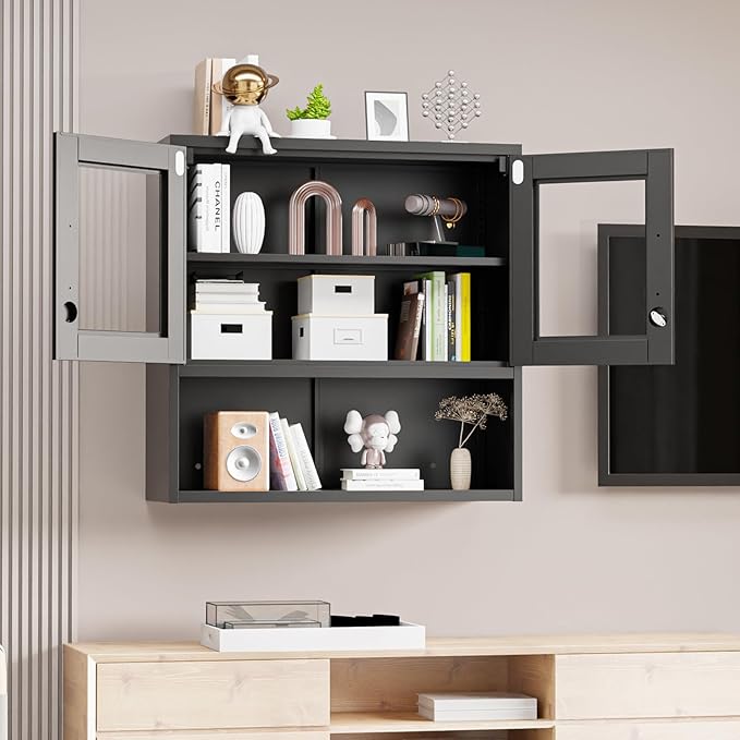 VINGLI Metal Wall Cabinet with Locking Glass Doors & Magnetic LED Sensor Light - Image 2