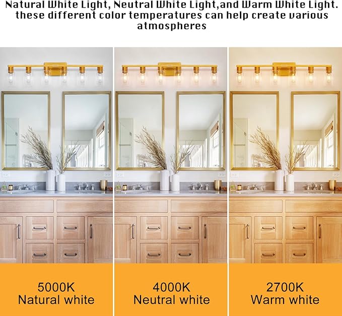 6 Light Bathroom Light Fixtures, Large Gold Bathroom Vanity Light - Image 6