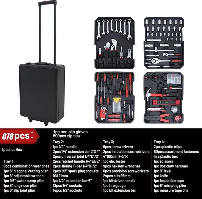 678PCS Complete Home Tool Set Versatile Rolling Tool Kit - Image 2