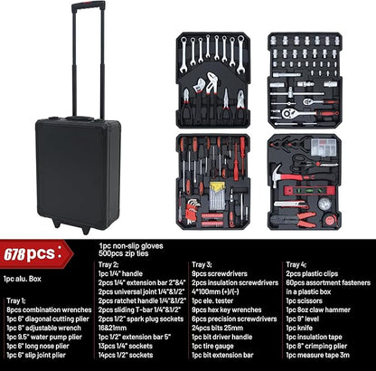 678PCS Complete Home Tool Set Versatile Rolling Tool Kit - Image 2