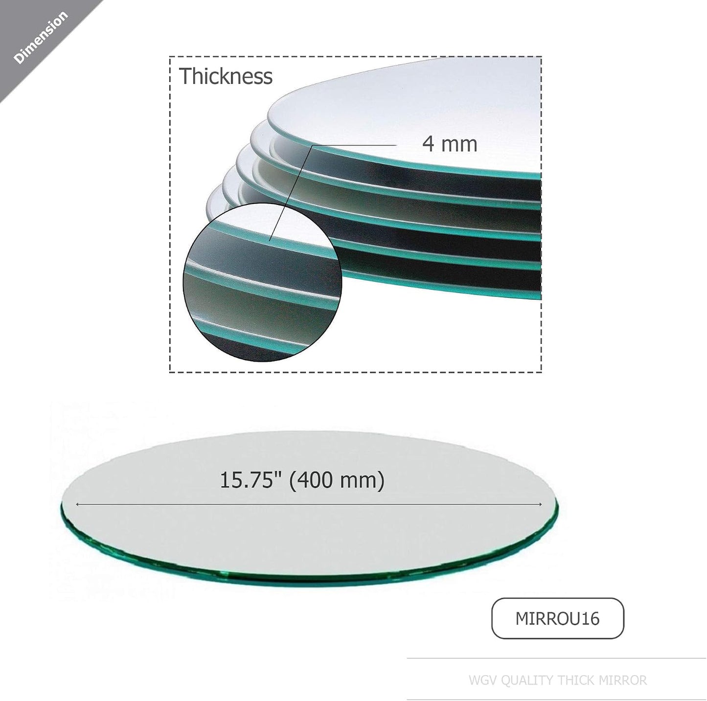 WGVI WGV Large Round Mirror Plate 16" Diameter, 4 mm Thickness, Frameless Sanded Edges, Quality Thick Candle Tray, Home Event Party Wedding Table Centerpiece Wall Decor, 1 Piece