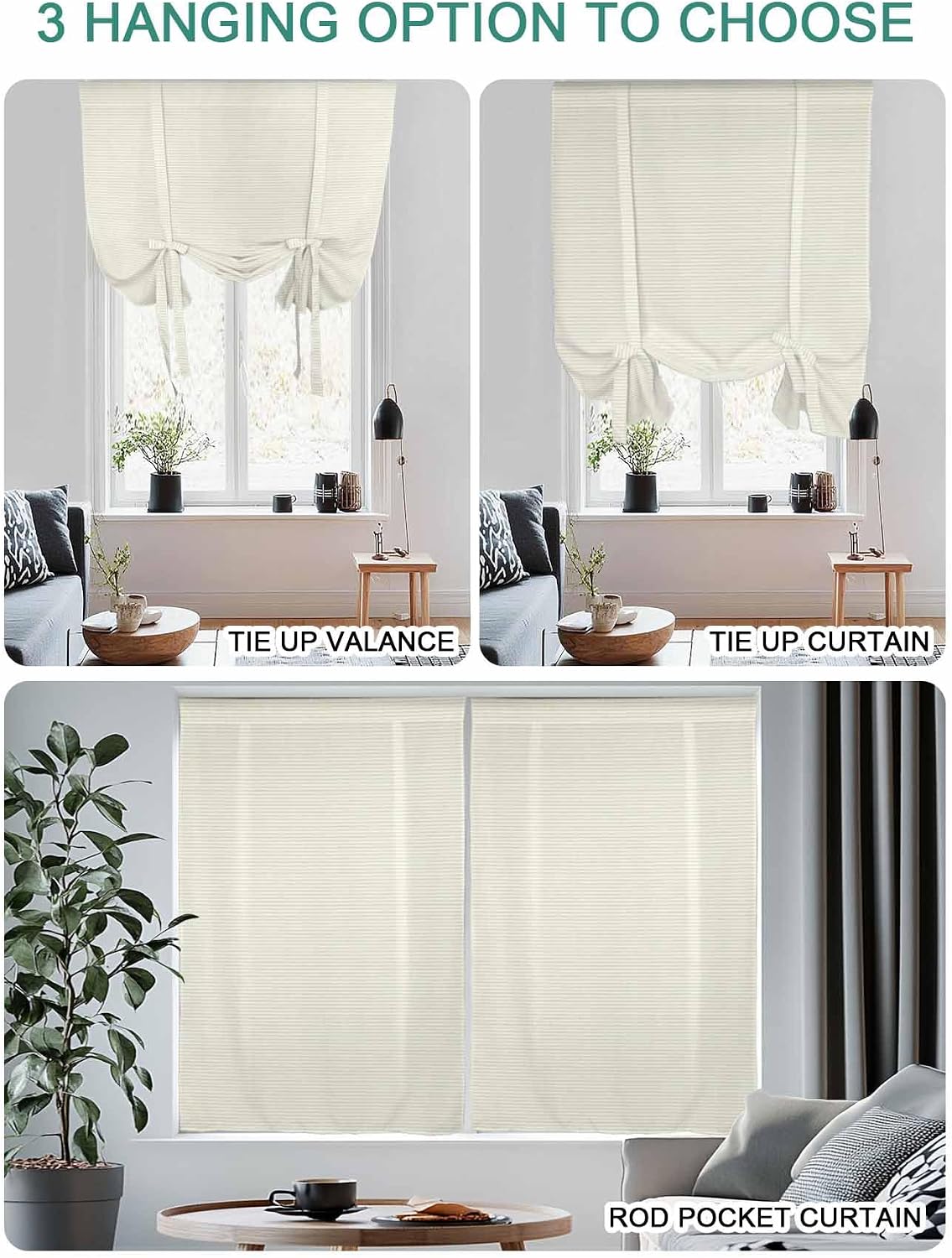 Beige Stripes Seamless Tie Up Curtains for Windows, Modern Minimalist Art Rod Pocket Window Shade Adjustable Balloon Curtain Valance for Bedroom Kitchen Bathroom Blinds 34x45in