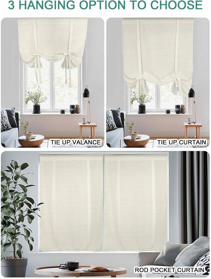 Beige Stripes Seamless Tie Up Curtains for Windows, Modern Minimalist Art Rod Pocket Window Shade Adjustable Balloon Curtain Valance for Bedroom Kitchen Bathroom Blinds 34x45in