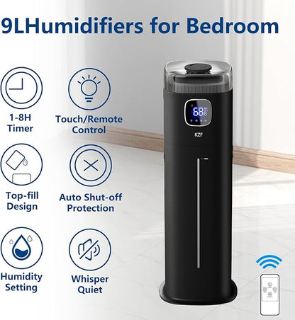 KZF Large Humidifier for Bedroom, 9L/2.5Gallon Ultrasonic Cool Mist Humidifier - Image 5