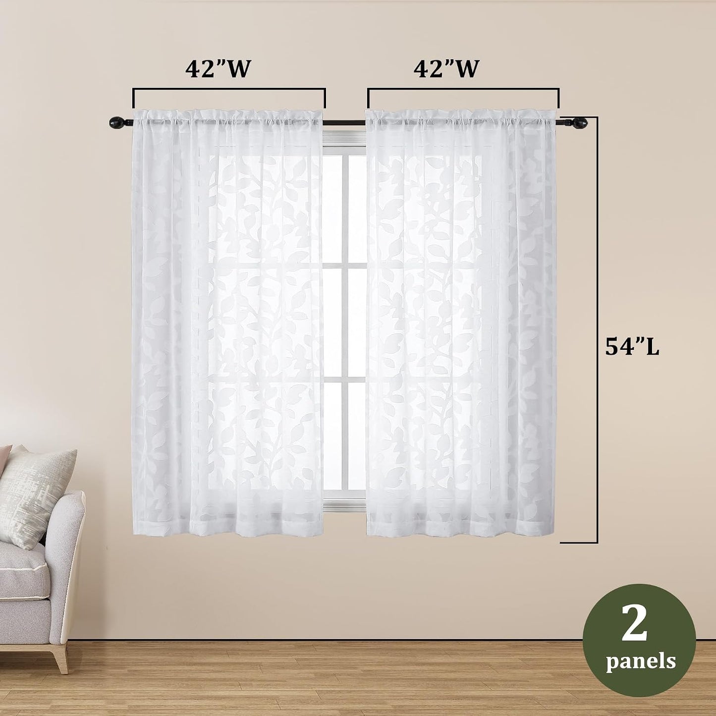 White Sheer Curtains 54 inches Long 2 Panels for Living Room, Jacquard Clip Leaf Pattern Textured Light Filtering Window Semi Sheer Voile Drapes for Bedroom, Each Panel 42 x 54 Inch