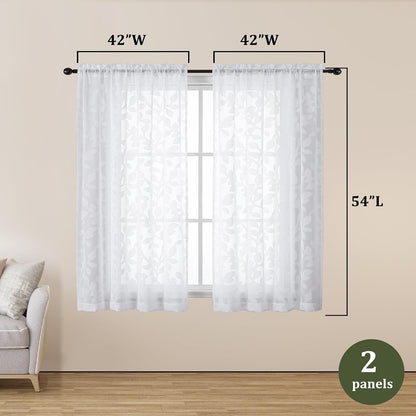 White Sheer Curtains 54 inches Long 2 Panels for Living Room, Jacquard Clip Leaf Pattern Textured Light Filtering Window Semi Sheer Voile Drapes for Bedroom, Each Panel 42 x 54 Inch
