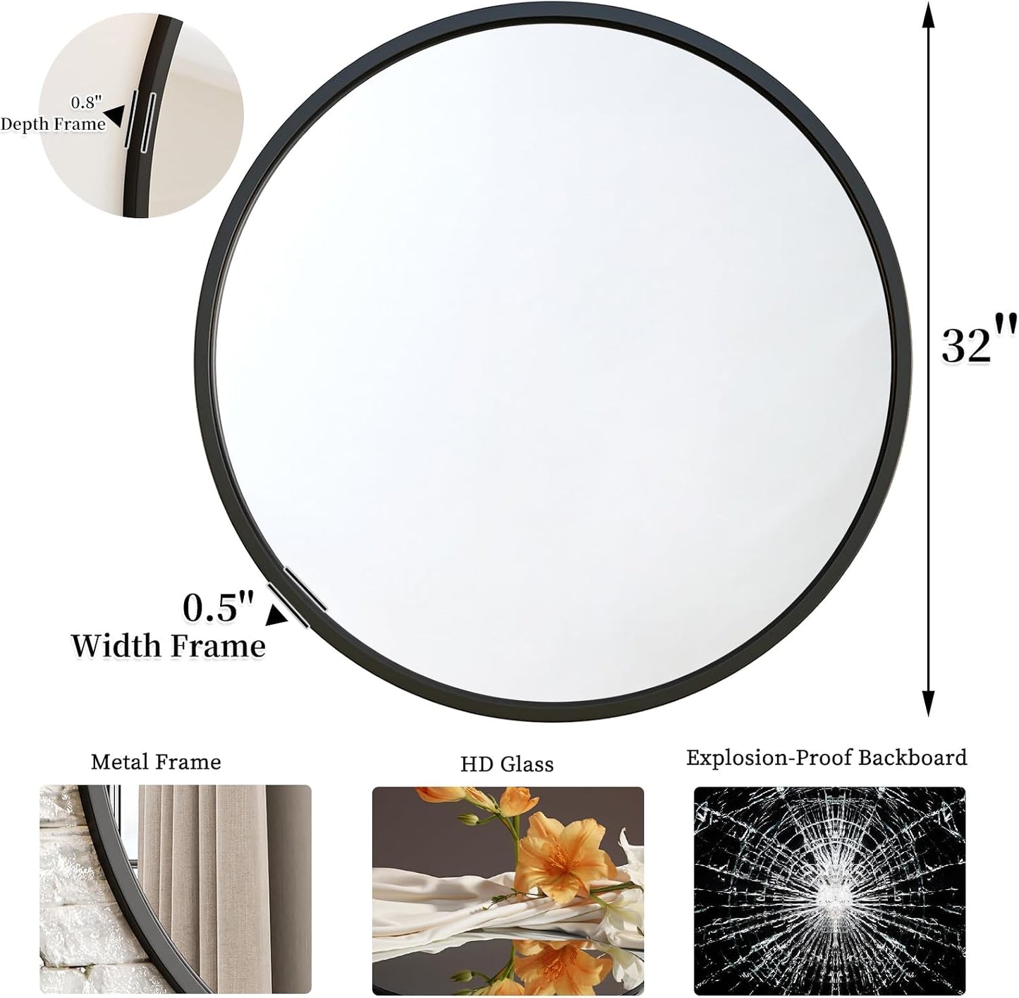 G-LEAF Black Round Mirror 32 inch Circle Mirror for Bathroom Vanity, Entryway, Living Room, Round Bathroom Mirror for Wall