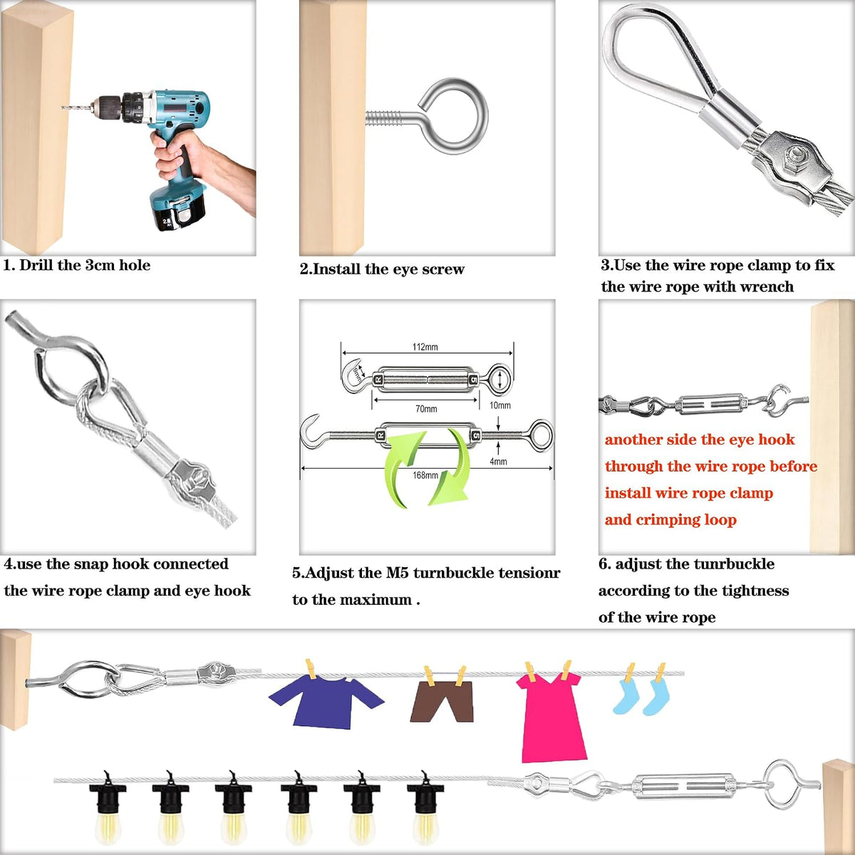 1/8" stainless steel cable,165ft wire rope,m5 turnbuckle kit shown in use
