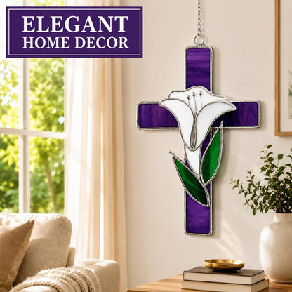 SassyXpressions Stained Glass Cross with Lily – 9x5inch – Handcrafted Window Hanging Christian Cross – Decorative Home Décor, Prayer Room Ornament – Religious Keepsake, Faith-Inspired Christian Gift