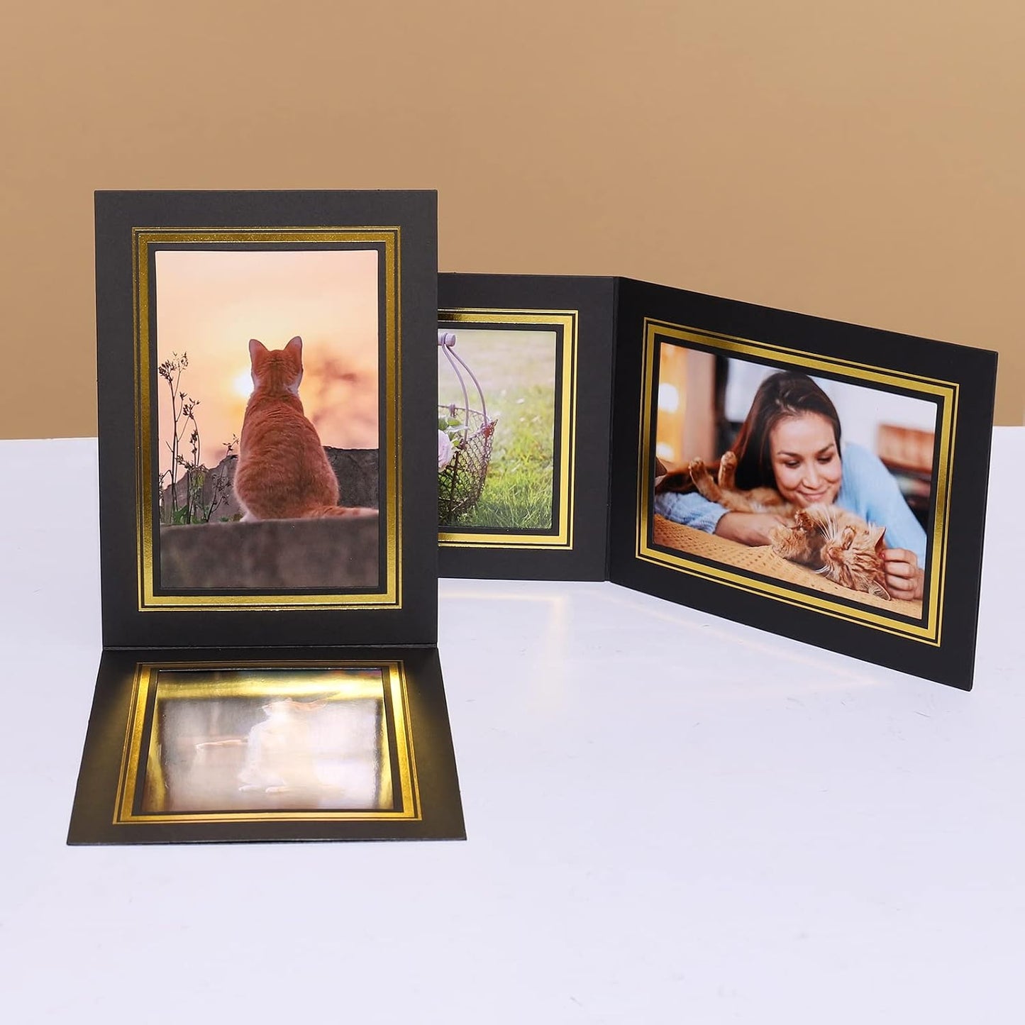 5x7 Photo Folder, Black Cardboard Picture Frame, Horizontal Double Sided Hot Gold Stamping Paper Photo Frame Cards Pack of 12.