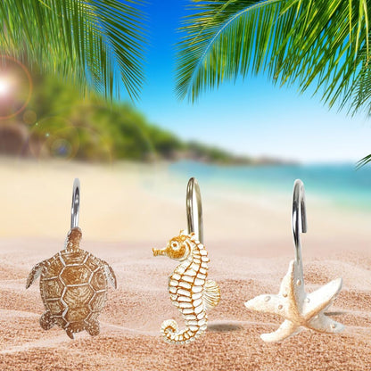 YUKUNTANG Seashell Shower Curtain Hooks, 12 Pcs Anti Rust Decorative Resin Shower Curtain Rings for Bathroom Bedroom Baby Room Decoration (Brown Seashell 5)