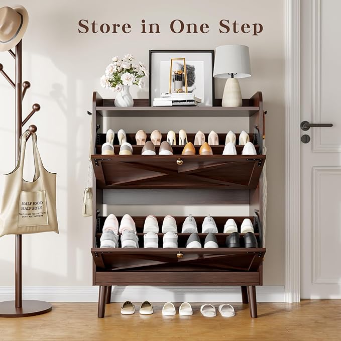Shoe Storage Cabinet with 2 Flip Drawers & Adjustable Shelves, Narrow Shoe - Image 6