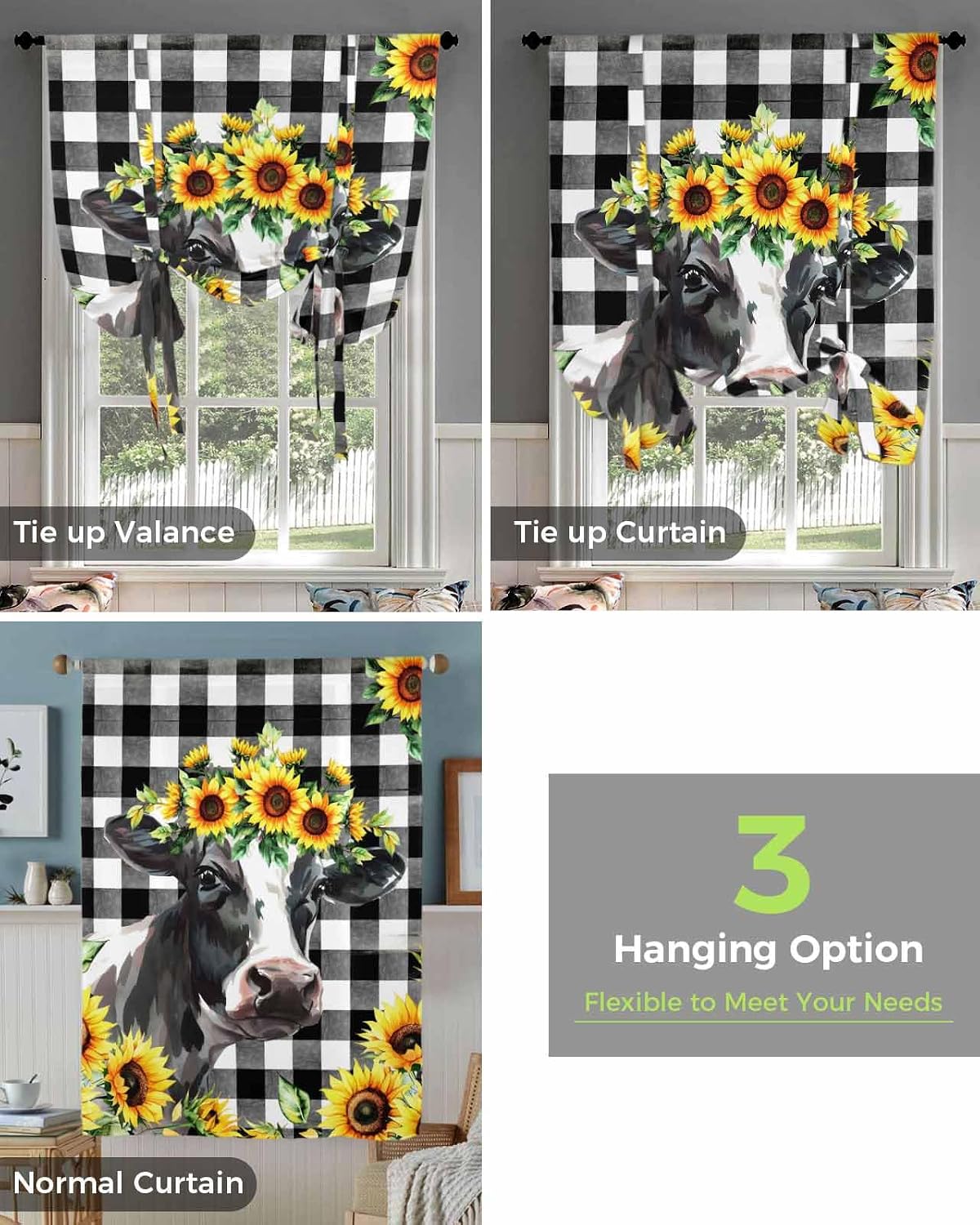 Tie Up Valance Yellow Sunflower Cow Window Curtain Shades Buffalo Check Plaid Black White for Kitchen Bathroom Living Room, Balloon Shade, 34"x45"