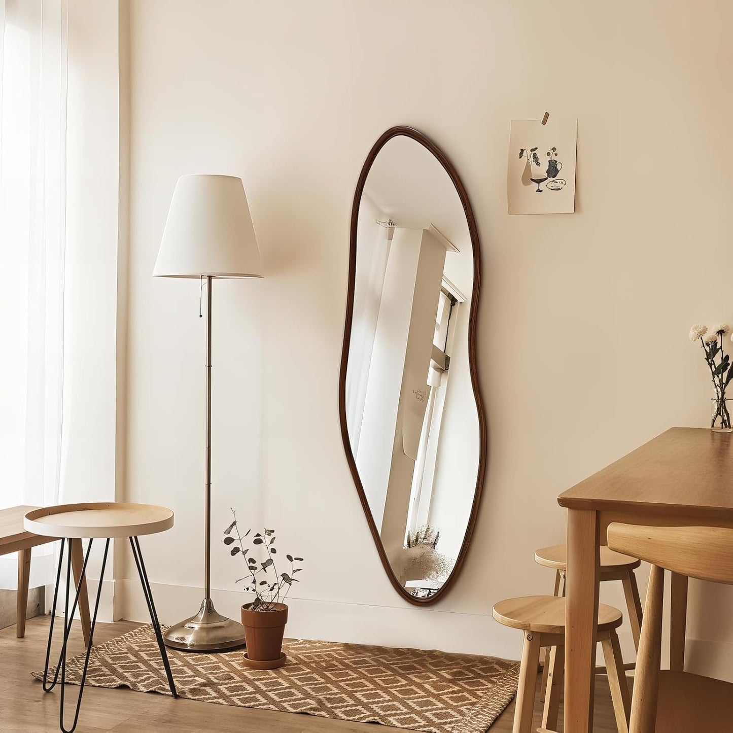 Irregular Full Length Mirror, 65"x22" Wood Full Body Mirror Walnut | HD Shatter-Proof, Large Asymmetrical Wall Mirrors for Decor, Bedroom Living Room Entryway Cloakroom, Horizontal/Vertical