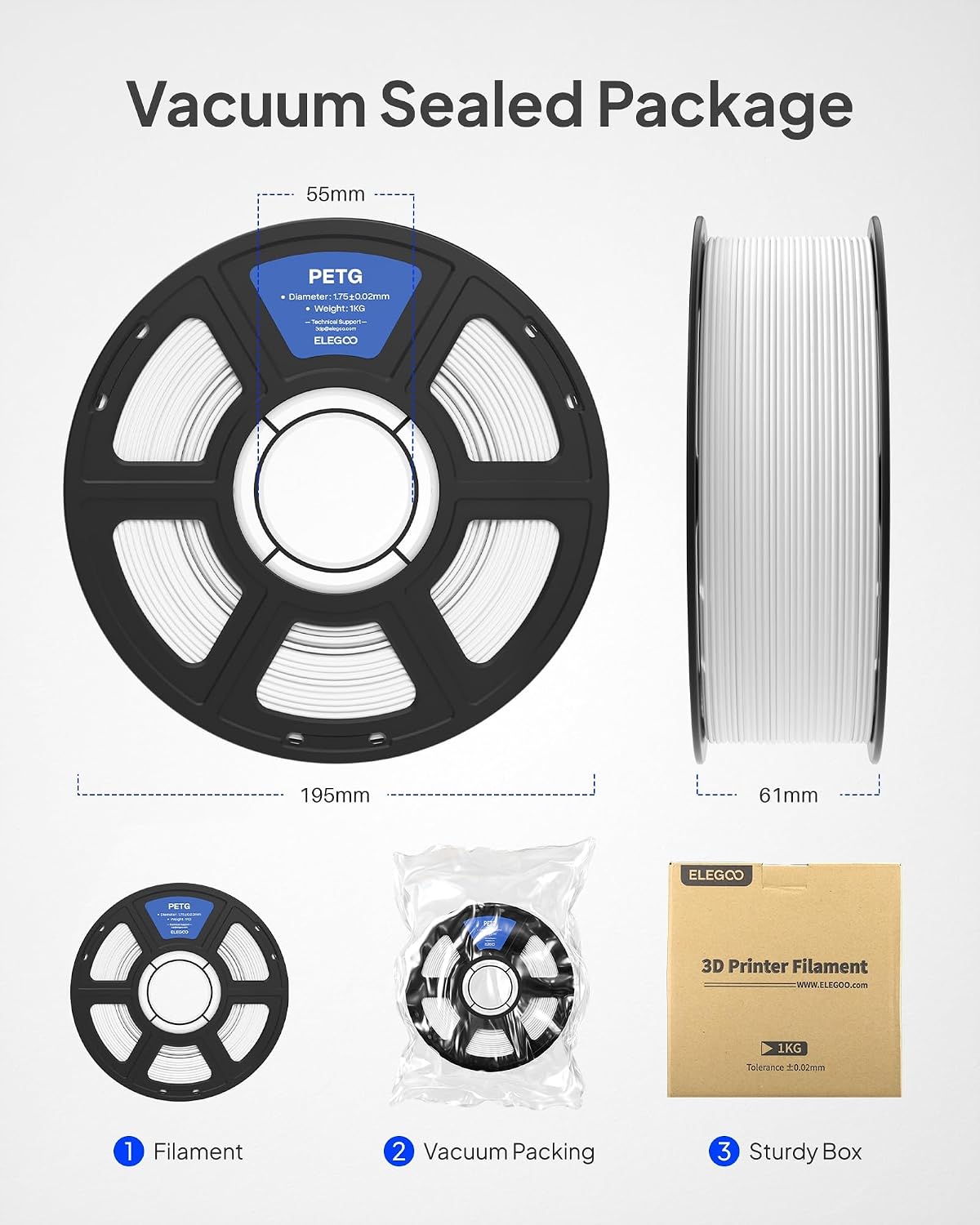 elegoo petg 3d printer filament 1.75mm black 4kg, package contents