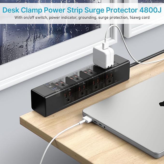 CCCEI Desk Outlet Station 20W USB C Port. 12 Outlet Desktop Clamp Power Strip - Image 7