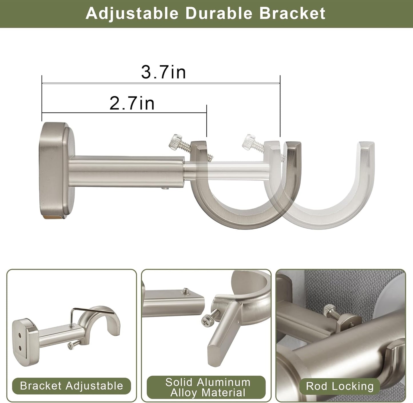 1 1/8 Inch Diameter Curtain Rods 36 to 72 Inches(3-6ft), Telescoping Heavy Duty Large Drapery Rod with Adjustable Aluminum Alloy Bracket, Solid End Caps for Windows Patio Decoration, Brushed Nickel