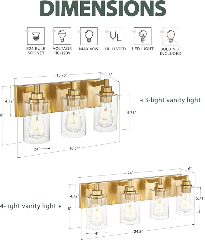 METWET 4-Light Bathroom Light Fixtures, Brushed Gold Vanity Light - Image 3