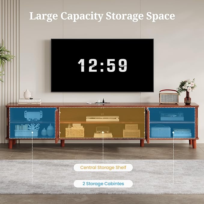 UPOSOJA TV Stand with Fluted Sliding Doors & Adjustable Shelves, Charging - Image 5