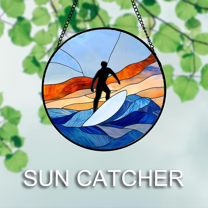 AMDERVEN Stained Glass Window Hanging 4 Pcs Set Blue Ocean Surfing Beach 6.3" - Image 3