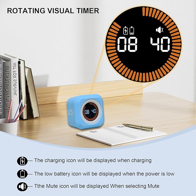 FCXJTU Rotating Cube Pomodoro Visual Timer 5, 10 50 Minutes Preset, - Image 3