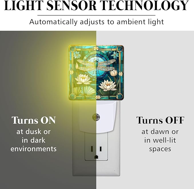PODMemory Dragonfly & Flowers Stained Glass Night Lights Plug into Wall - Image 3
