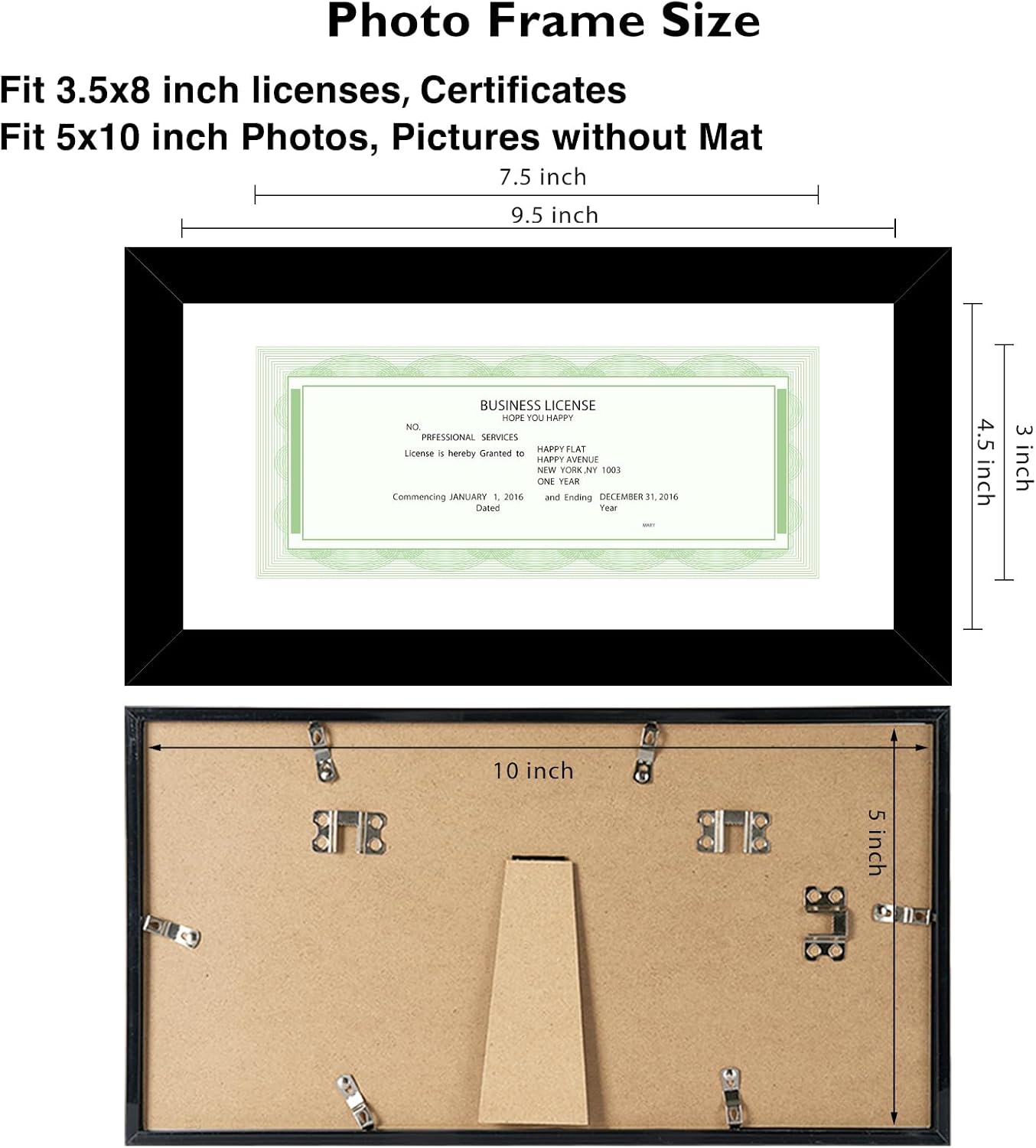 JCJMY 5x10 Business License Frame Black for 3.5x8 Standard Business License with Mat or 5 x 10 Picture without Mat, 5x10 Frame with Shatter Resistant Plexiglass for Wall Hanging or Tabletop, Black