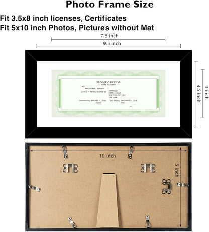JCJMY 5x10 Business License Frame Black for 3.5x8 Standard Business License with Mat or 5 x 10 Picture without Mat, 5x10 Frame with Shatter Resistant Plexiglass for Wall Hanging or Tabletop, Black