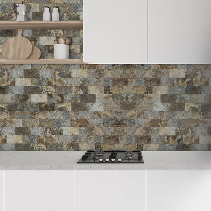 AULIGET 100-Piece Beige & Brown Slate Peel and Stick Backsplash Wall Tiles - Image 2