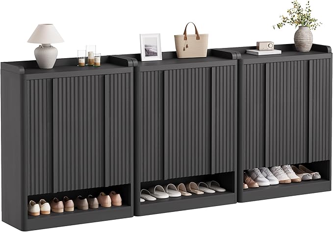 Fluted Shoe Cabinet, 25 Pair Shoe Storage Organizer Cabinet, Mid-Century Wooden by YANSNWO