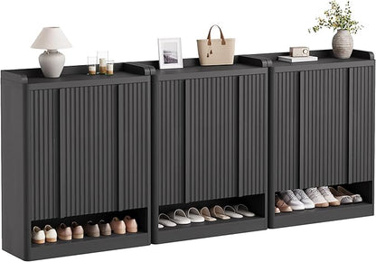 Fluted Shoe Cabinet, 25 Pair Shoe Storage Organizer Cabinet, Mid-Century Wooden by YANSNWO