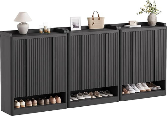 Fluted Shoe Cabinet, 25 Pair Shoe Storage Organizer Cabinet, Mid-Century Wooden by YANSNWO