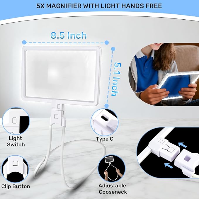 5X Neck Magnifying Glass with Light, Magnifier with Light Hands Free, Full Book - Image 6