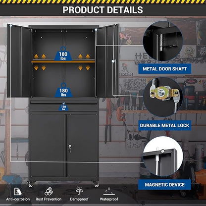 73" Metal Cabinet-Black Heavy Duty Rolling Storage Cabinet Steel Tool Cabinets - Image 6
