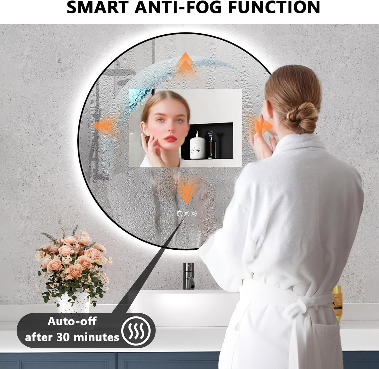 Black Round Mirror 30 inch, Circle Framed Mirror with Backlit & Half Moon Light, Anti-Fog, 3 Color Modes, Dimming Wall-Mounted LED Mirrors for Bathroom, Home Decor, Bathroom, Entryway