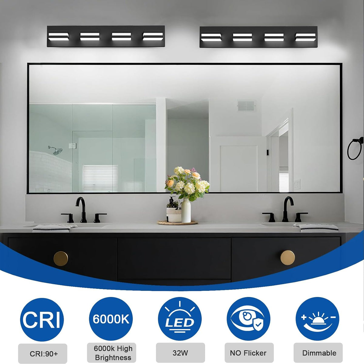 izorro led modern bathroom lights fixtures(4-light,dimmable,360°rotate),matte black acrylic, side view