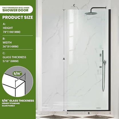 Modern Shower Door, 36W x 78H Inch, Matte Black, 5/16" Thick Tempered Glass - Image 3