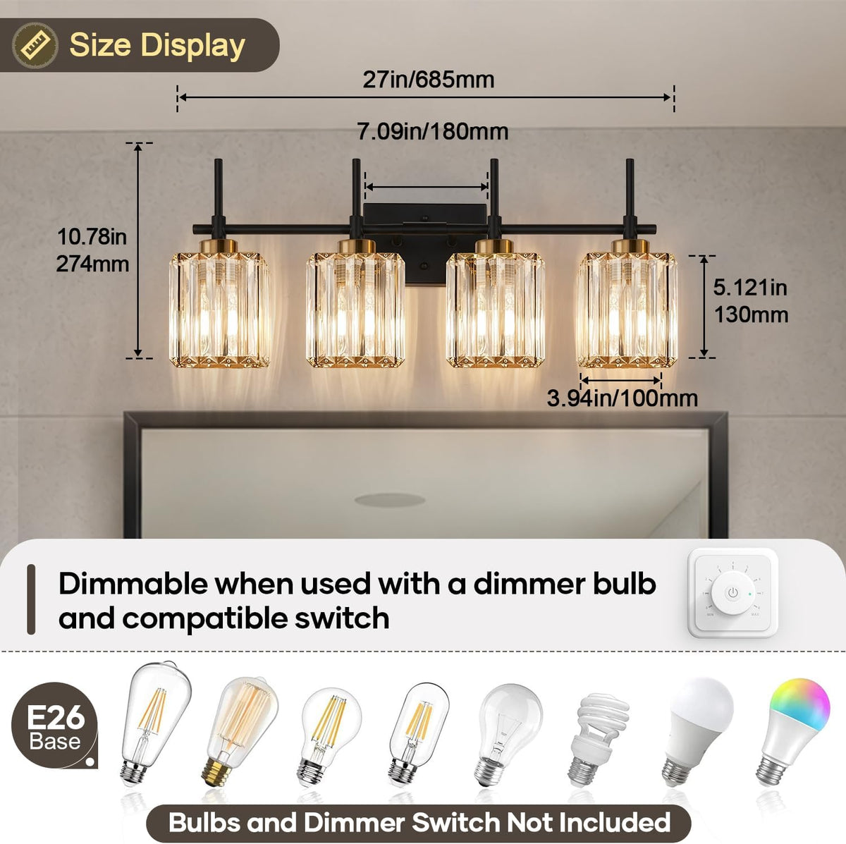 Torondo Modern Crystal Bathroom Vanity Light 4-Lights Gold Bathroom Light Fix...