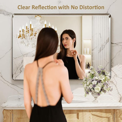 LOAAO 48X32 Inch Brushed Nickel Bathroom Mirror, Rounded Rectangle Silver Metal - Image 2